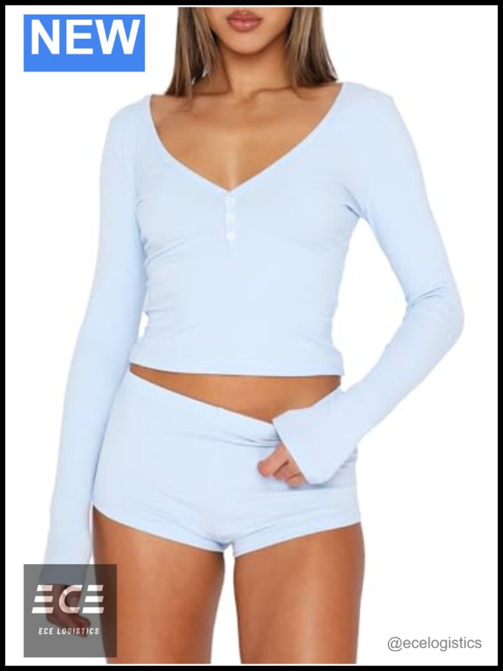 Ribbed Knit Pajama Set Button Long Sleeve Top Shorts Lounge Sleepwear PJ